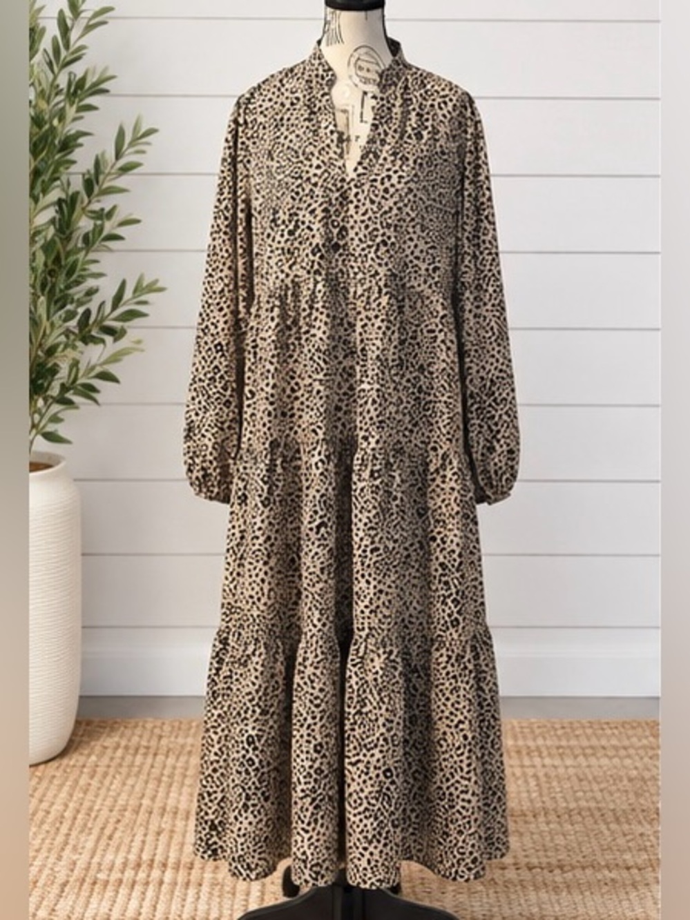 SHEIN Curve 0XL Leopard Print Tiered Maxi Dress Long Sleeve Boho